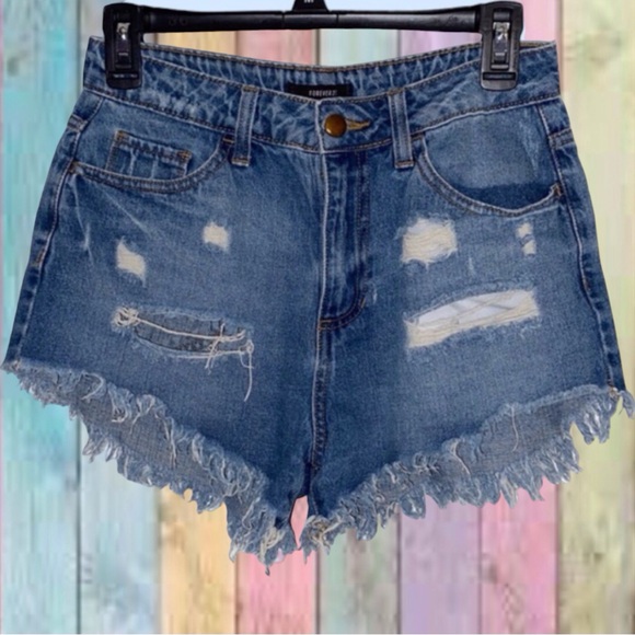 Forever 21 Pants - Forever 21 Blue High Waisted Distressed Raw Frayed Hem Jean Shorts